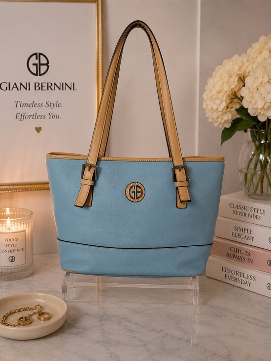 Giani Bernini Handbags - Giani Bernini faux Saffiano Tote Light Blue/Beige Trim (Flawed Interior)
